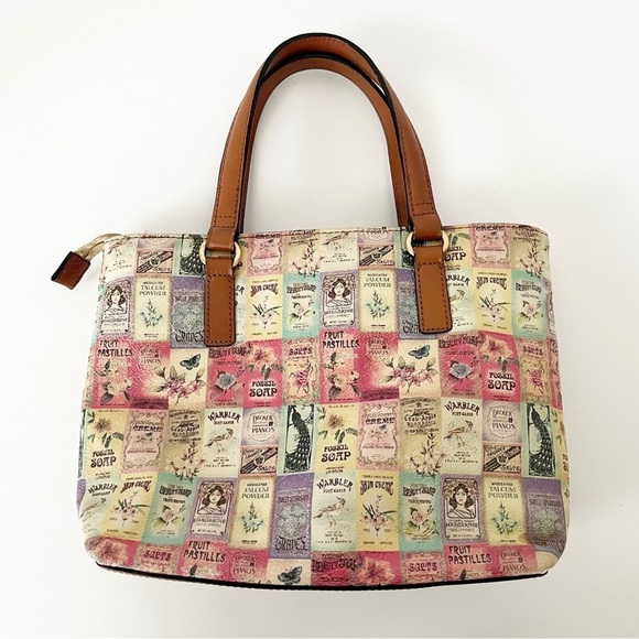 Vintage Fossil Small Leather Tote Soap Labels Print Double Strap Zip Pockets - Picture 3 of 14